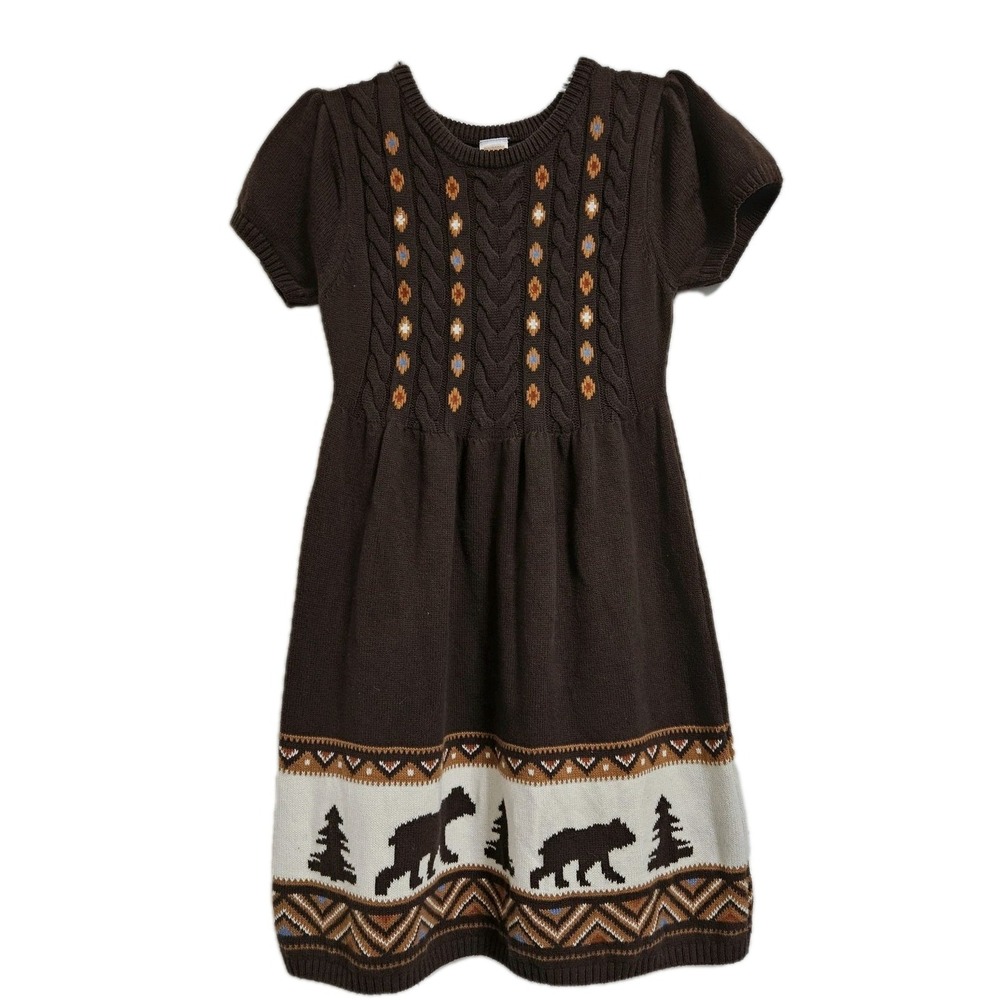 Gymboree Sweater Dress Girls 10 Brown Bear Fair Isle Cable Knit Cotton Short Slv